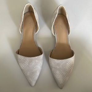 Open sided faux snake skin shoes
